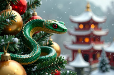 Fototapeta premium A green snake sits on a Christmas tree decorated for new year against the background of a snow-covered Chinese pagoda