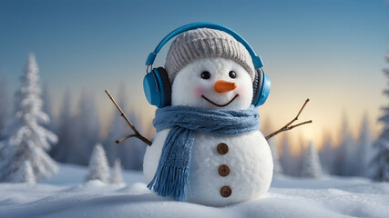 Obraz premium Happy Snowman Listening to Music in a Snowy Winter Wonderland
