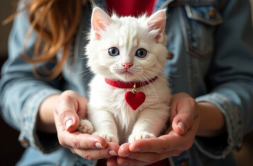 ,White fluffy kitten in red collar with heart sitting on palms of woman in denim jacket, valentines day