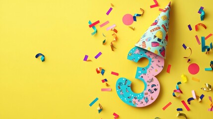 Obraz premium Festive number three with party hat and confetti on yellow background.