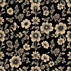 Black & Cream Floral Pattern:  A delicate floral pattern featuring cream flowers and vines on a black background. Perfect for adding a touch of elegance and sophistication to your designs.  