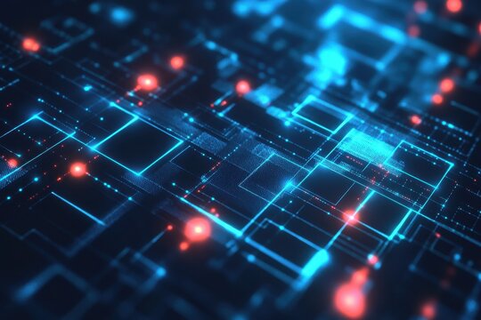 Abstract digital technology background with glowing blue and red nodes and lines.
