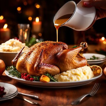 Generated image Roasted turkey being plated and served at the Thanksgiving dinner table with mashed potatoes