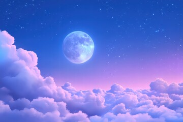 Serene Night Sky with Full Moon and Soft Clouds in Beautiful Gradient