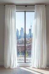 Bright urban skyscraper view through white curtains on a sunny day in Toronto