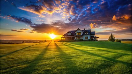 Fototapeta premium Silhouette House Green Field Sunset - Dramatic Landscape Photography