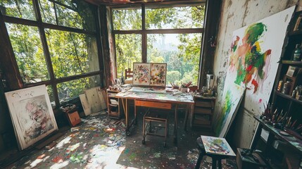 Fototapeta premium Creating art an artist's loft filled with inspiration in an industrial interior design setting