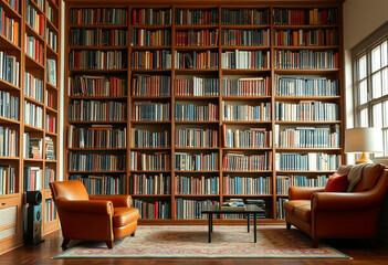 Wooden Bookshelf Filled with Vintage Books - High-Resolution Library Stock Photo, Generative AI.