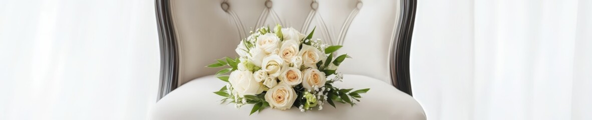 Bride bouquet placed on an antique chair, soft light backdrop