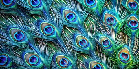 A captivating display of iridescent peacock feathers, showcasing the mesmerizing patterns and vibrant hues of nature's artistry