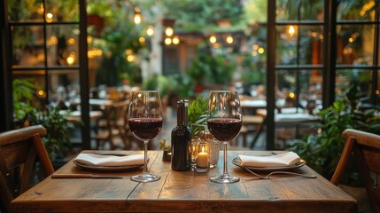 Vibrant dining table with red wine and fresh tomatoes in a cozy restaurant setting
