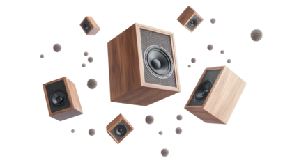 Dynamic floating wooden speakers with transparency background abstract design modern aesthetic digital art