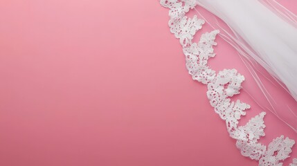 Bride lace veil flowing in the wind, isolated on pastel pink