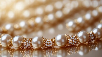 Elegant pearls and gold jewelry showcased under soft lighting in luxury display