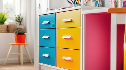 colorful filing cabinet with bold hues, adding personality to an otherwise neutral office.