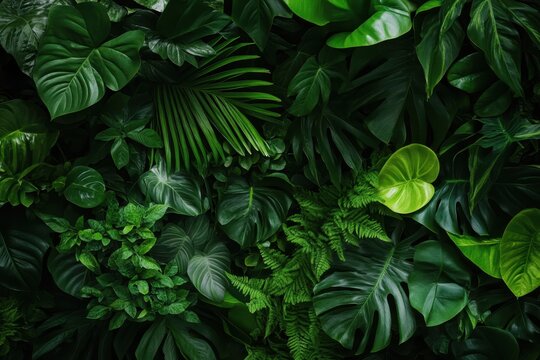 Lush green tropical foliage wall background. (7) - Powered by Adobe