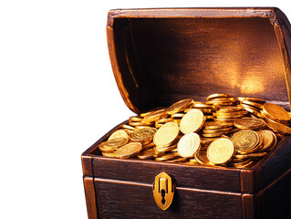 Golden Coins Overflowing from an Antique Wooden Treasure Chest on a Black Background, Symbolizing Wealth, Prosperity, and Hidden Riches in a Captivating Photo