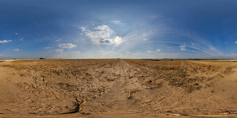 hdri 360 panorama on farming fields in spring nasty evening before sunset in equirectangular full seamless spherical projection, for VR AR virtual reality content