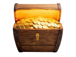 Treasure Chest Filled with Gold Coins Illuminated from Within, Symbolizing Wealth, Adventure, and Discovery in a Fantasy Setting