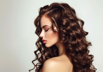 Naklejka premium Profile portrait of attractive woman with long brown curly hairstyle. Hair care, hair treatment, styling and beauty concept