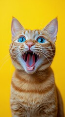 Fototapeta premium Playful orange cat with striking blue eyes expressing surprise against a vibrant yellow background