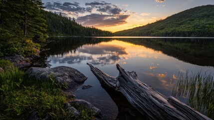 Obraz premium Reflection of Horizon on Calm Lake at Sunset with Scenic Nature