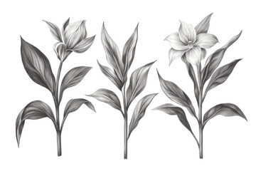 Naklejka premium Three Monochrome Floral Sketches Featuring Buds and Blooms, on transparent background