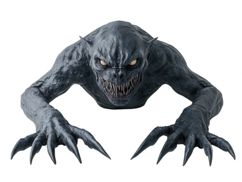 Terrifying Creature Emerging from Darkness with Glowing Eyes and Sharp Claws in a Sinister Pose, Ideal for Horror Themes and Fantasy s