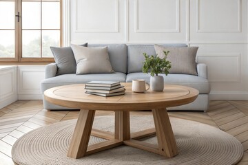Fototapeta premium A rustic round wooden table with a small potted plant and books on it, set near a minimalist grey sofa with pillows. Large windows let in soft light, while a wool rug anchors the serene space