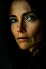 Fototapeta premium Portrait of a 40-year-old woman with striking features, her face framed by soft waves of dark hair.