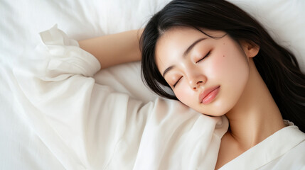 Obraz premium Japanese woman sleeping comfortably on white bed in luxury hotel
