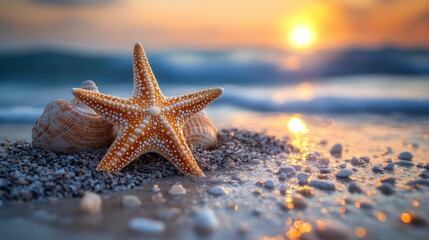 Starfish resting on sandy shore with ocean waves under a vibrant sky at sunset