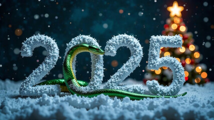 The numbers 2025 made of beautiful snowflakes with a beautiful green snake crawling through them against the background of a glowing Christmas tree, copy space