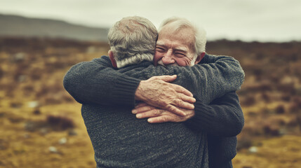 Two elderly old happy men are hugging. Concept of strong forever friendship for life. Meeting of two friends.