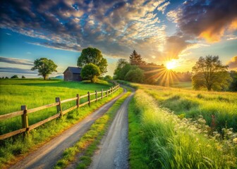 Naklejka premium Rural Road, Country Lane, Winding Path, Scenic Drive, Countryside Photography, Idyllic Landscape, Nature Photography, Summer Road Trip