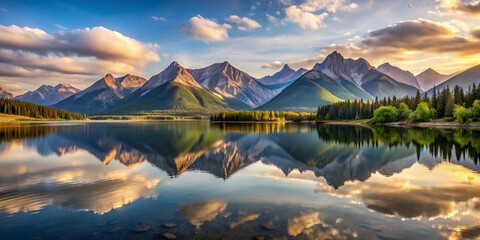 Serene Digital Mountain Lake: Wide-Angle Panoramic Vista