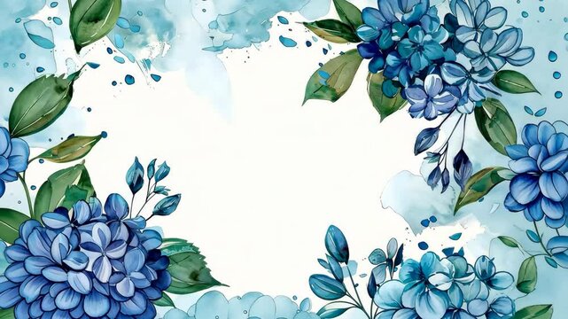 Watercolor Floral Frame with Blue Hydrangeas and Green Leaves on White Background