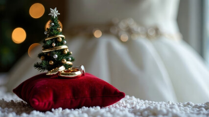 Wedding rings lying on a red velvet pillow under a small Christmas decorated tree against the background of a white wedding dress, copy space