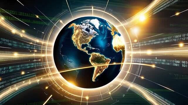 Digital Globe Highlighting Earth with Radiating Lights and Data Streams in a Futuristic Technology Concept

