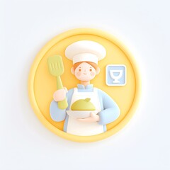 Cheerful Cartoon Chef Holding Plate with Delicious Food and Spatula
