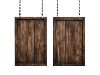 Rustic Wooden Signage Blanks Hanging on Chains Ideal for Personalized Messages, Advertisements, or Storefronts in a Natural and Vintage Style Setting