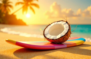 Coconut split in half lies in front of whole coconut on colorful surfboard on yellow sand with sunset background, copy space