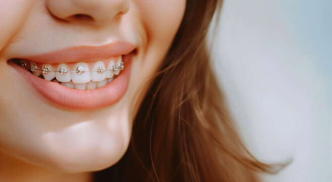 Dentistry and hygiene concept. Smile with braces on white teeth