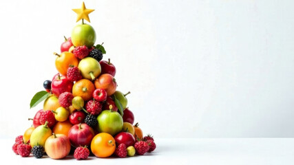 Various fruits are arranged in a Christmas tree and decorated with lights on a white decorative background, with space for text on the right