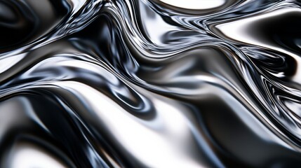 A close-up of flowing metallic textures, showcasing smooth, reflective surfaces that create a dynamic interplay of light and shadow.