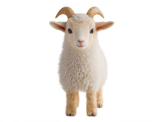 Obraz premium Adorable Young Goat with Soft White Fur and Curly Horns Standing Upright on a Clean White Background for Animal and Farm Themes in Photography