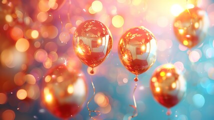 glossy metallic golden balloons over gradient bright background. Birthday background with balloon
