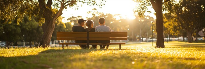 Three friends sit together on a park bench, enjoying the beautiful sunset while sharing meaningful moments.