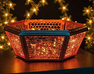 A decorative hexagonal basket with warm lights, creating a cozy atmosphere for the holiday season.