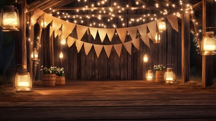 Obraz premium A rustic barn decorated with burlap banners string lights and mason jar lanterns for a country-themed party.